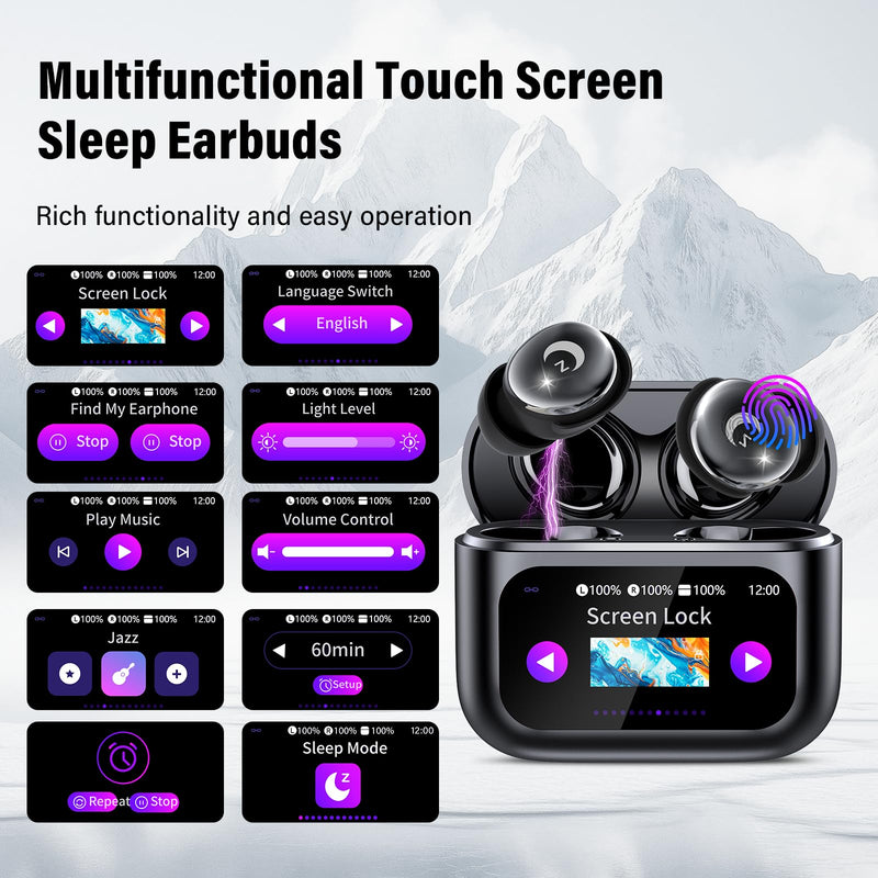 2026 Sleep Earbuds Bluetooth 5.4 in Ear Smart Touch Screen Ear Buds, 48H Playtime Mini Sleep Headphones Small Design for Side Sleepers, 5 EQ Modes, Crystal-Clear Calls, IPX7 Waterproof Earphones Black Carbon black