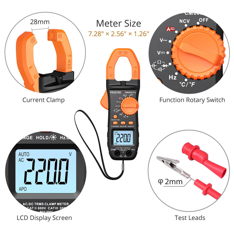 Proster Digital Clamp Meter 6000 Count - 800A DC AC Current Ammeters AC/DC Voltage Multimter, TRMS NCV Continuity Capacitance Resistance Frequency Diode Hz Tester, with Test Leads, Alligator Clips Black 6000Counts