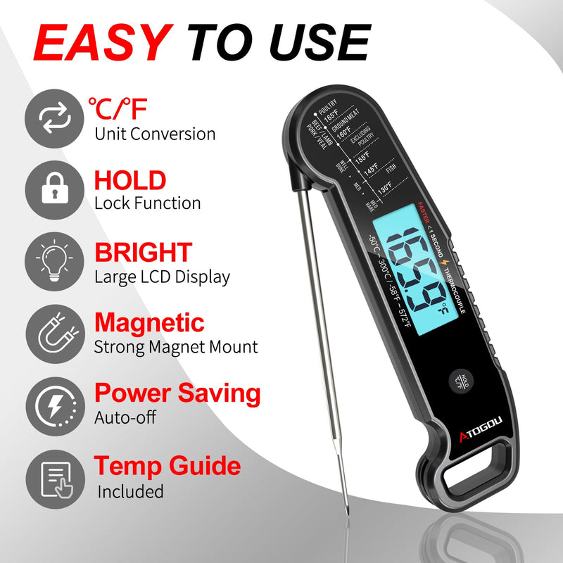 Professional Food & Meat Thermometer, 1 Sec Instant Read & ±0.5℉ Accuracy Driven by Thermocouple Sensor. IP67 Waterproof Digital Thermometer for Cooking, BBQ, Grill Gifts for Men Him Dad Birthday Black