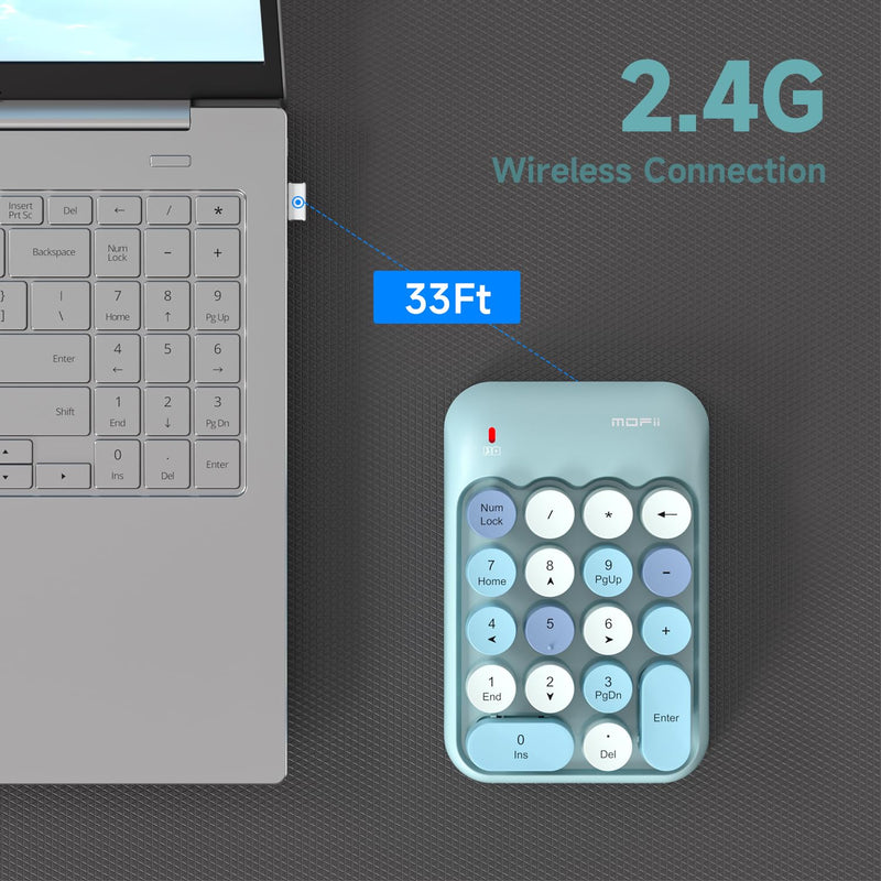 MOFII Wireless Number Pads - Blue Numeric Keypad 18 Keys USB 2.4G Round Keycap Colorful Extensions Keypads, Financial Accounting Portable Numpad 10 Key for Laptop/PC/Notebook/Surface Pro
