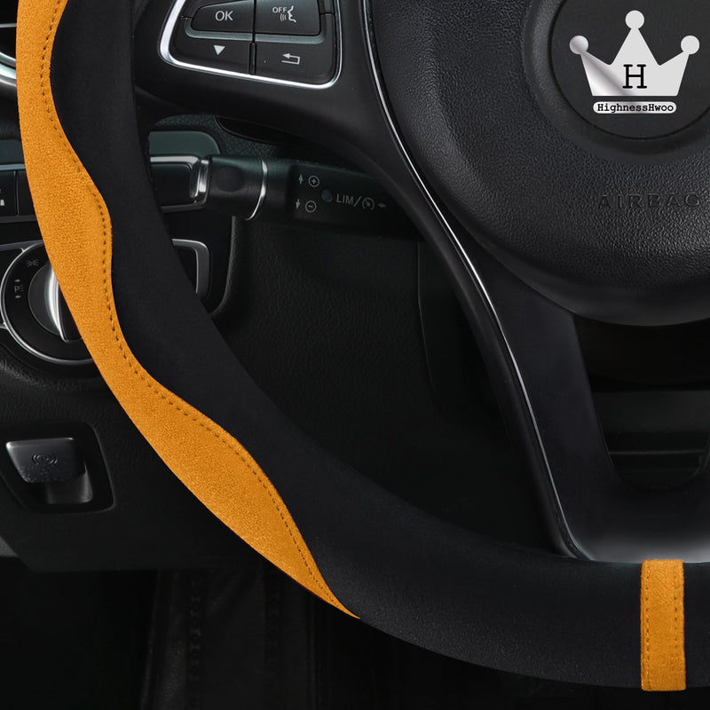 Luxury Suede Steering Wheel Cover for Cars, Soft Leather Padded Wheels Cover for Sedan, SUV, Thin Car Handle Cover, Universal Fit, Anti Slip, 14.75-15.15in, Orange Orange+Black Standard Size[14.75-15.15"](37.5-38.5cm)