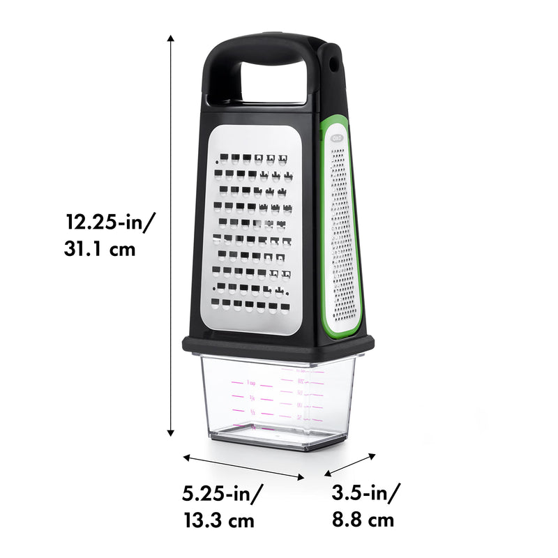 OXO Good Grips Etched Box Grater with Removable Zester | Ideal for Grating Cheese or Zesting Fruits | Storage Container Included | 4 Sided Grater | Comfortable Handle Box Grater with Removeable Zester