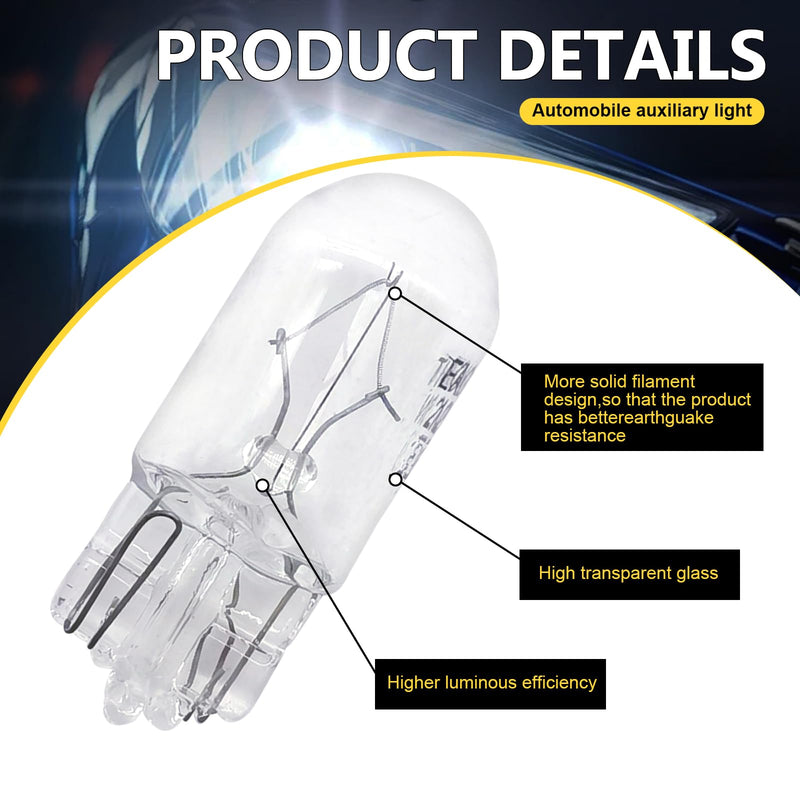 10 PCS Car T10 Halogen Width Light Bulb, 168 192 12V 5W Flat Foot High Temperature Resistant Quartz Glass Non-glare Instrument Indicator Light, 360 Degree No Blind Spot Light (White)