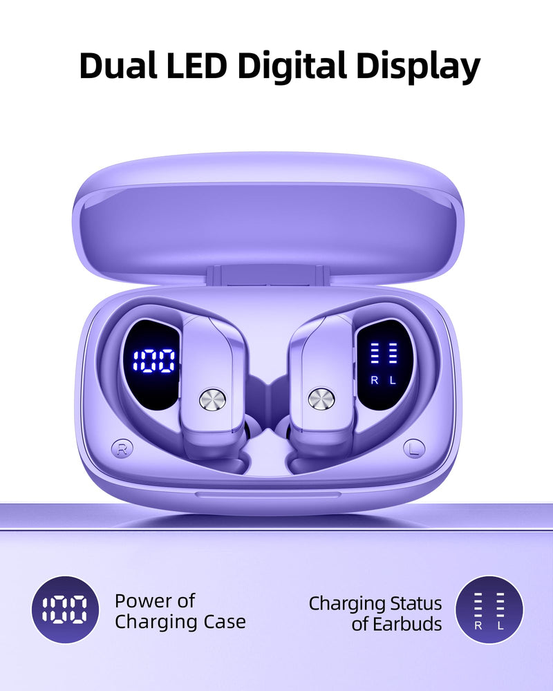 Wireless Earbuds Bluetooth Headphones Over Ear Hooks Ear Buds with 80H Playtime, LED Power Display, Dual Mic Clear Calls, Sports Wireless Ear Buds Bluetooth Earbuds for Running Gym Workout (Purple) Purple