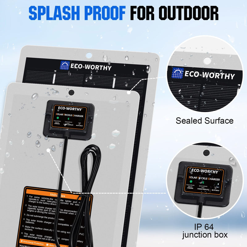 ECO-WORTHY Solar Battery Charger 12 Volt Waterproof Portable Power Solar Panel Solar Trickle Car Battery Charger Maintainer for Car Truck Boat RV Motorcycle Marine Trailer Battery，Plug and Play 2.5W