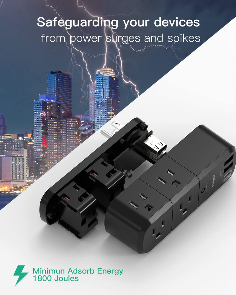 Surge Protector USB Outlet Extender with Rotating Plug, 6 AC Multi Plug Outlet and 3 USB Ports (1 USB C), 3-Sided Swivel Power Strip Outlet Splitter for Home, Dorm Room Essentials (2 Pack) 2 Pack Black