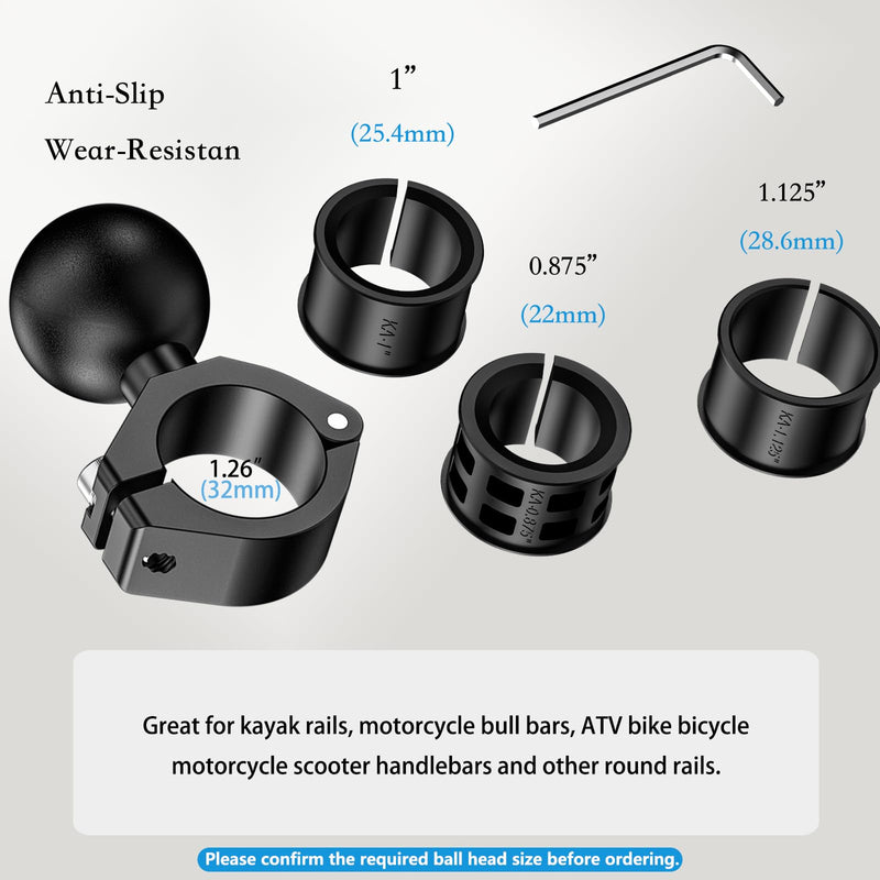 Aluminum Alloy 1.5'' Ball Mount Fit for Round Rails 0.875'' / 1'' / 1.125'' / 1.26'' in Diameter, Adjustable Handlebar Base Compatible with RAM Mounts C Size 1.5 Inches Ball Double Socket Arm