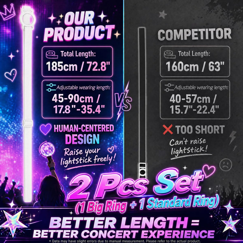 Kpop Lightstick Strap Lanyard - Set of 2 Adjustable K Pop Light Stick Crossbody Carrier Shoulder Strap, K-pop Body Carry Event Strap, Star Accessory Concert Essentials for Display Idol Fans White