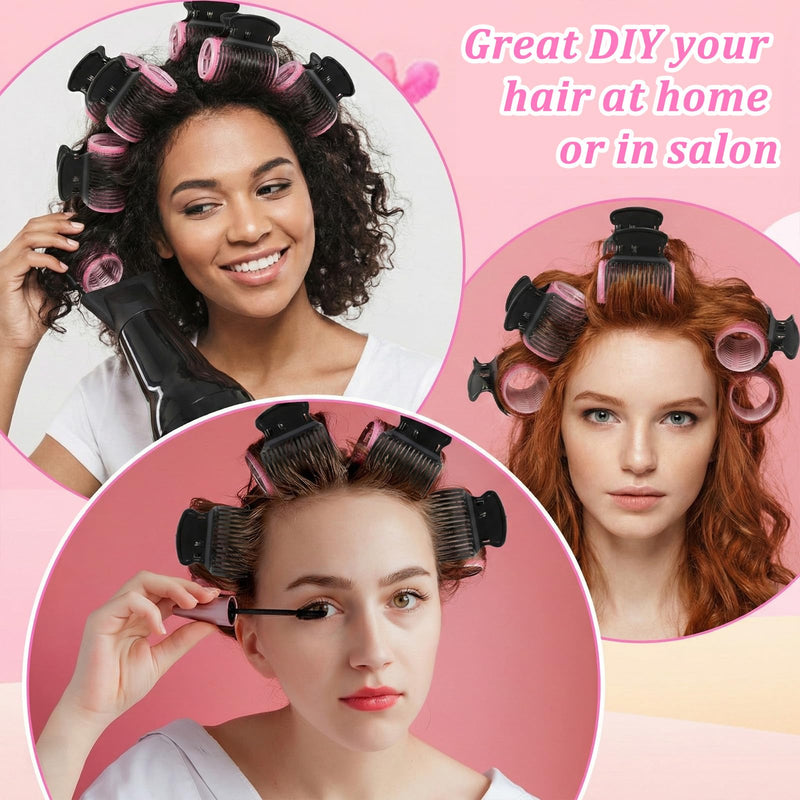 16 Pcs Self Grip Hair Rollers Set 8 Self Grip Rollers and 8 Hot Roller Clips Black Hair Curler Claw Clip Versatile Hairs Roller Clip Effortless Curls and Waves for Women Long Medium Short Hairs Bangs