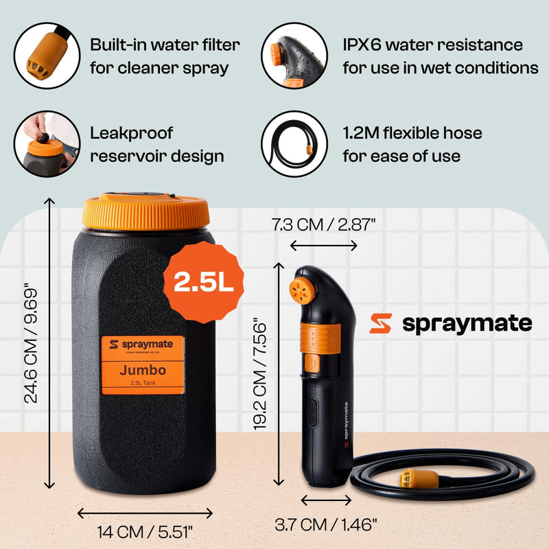Portable Bidet for Travel & Camping – Electric High Pressure Rechargeable Bidet for Women & Men | 2.5L Bottle | 1300ML/Min Flow | USB-C | 1600mAh Battery | USA Brand – Spray Mate Jumbo (Black) Orange-black