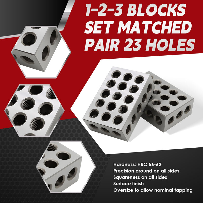 Nakkaa 1-2-3 Blocks Set Matched Pair 23 Holes .0002" Squareness Hardened Steel Setup Blocks Ultra Precision Machinist 1"x2"x3" Blocks for Machinist Woodwork Metalwork (23 Holes)
