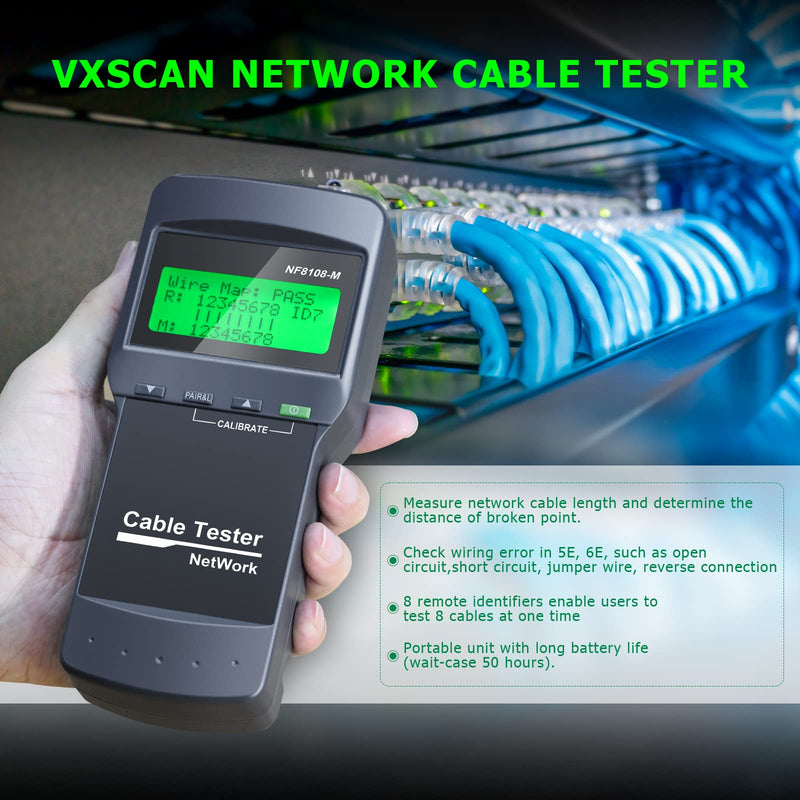 RJ45 Network Cable Tester, VXSCAN 8 Remote Units Network LAN Length Ethernet Cable Tester Kits for Cat5/CAT5e/CAT6/CAT6e - Locate The Breakage Point Length Measurement & Continuity Checking AT239