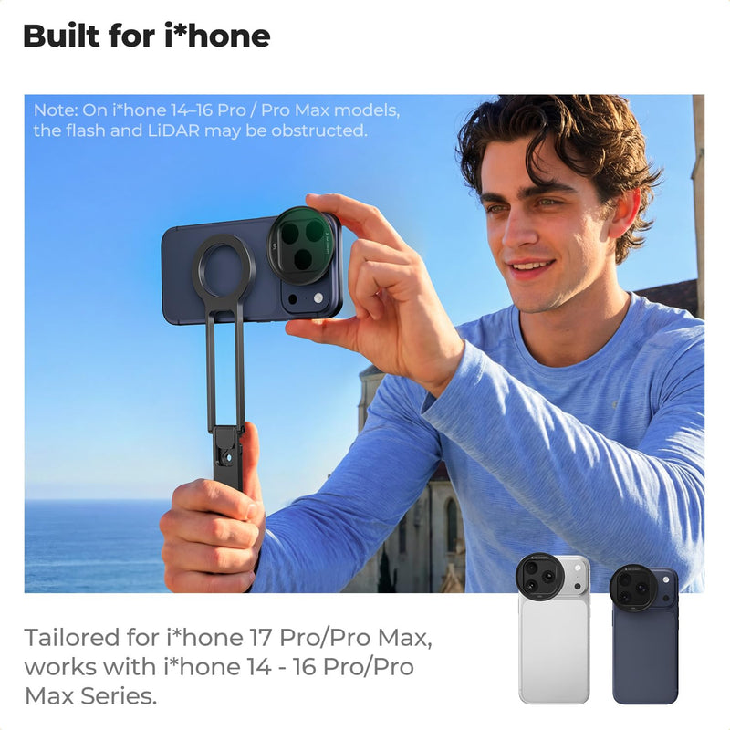 K&F CONCEPT Snap-On CPL Filter Compatible with iPhone 17 Pro Max/17 Pro | 9.5g Ultra-Lightweight Polarizing Filter with Snap-on Deco Mount, AGC Glass 28-Layer Coating Anti-Reflection, FA301 Black