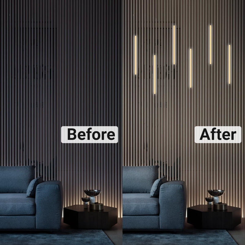 HAMRVL Black Wall Panel Lights, 6PCS 16-Inch 3000K Warm White Wall LED Lights Strip with Touch Switch, Self-Adhesive Dimmable Slat Wall Lights for Wood Slat, Bedroom Fluted Panel, Kitchen Cabinet Black - Warm White 3000K 16" × 6