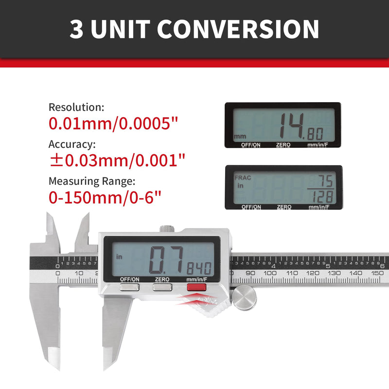 6 inch Stainless Steel Digital Caliper (IP54) & Stainless Steel Rule Set, Easy Switch from Inch/Metric/Fraction, Splash-Proof Protection with Large LCD Display – DIY/Household IP54 6"
