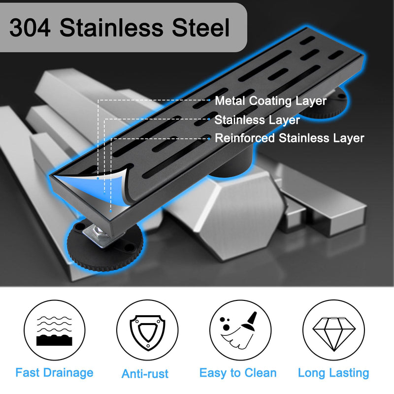 12 Inch Black Linear Shower Drain, Rectangular Shower Floor Drains with Brickwork Cover, 304 Stainless Steel Black Linear Drain for Bathroom with Leveling Feet, Hair Strainer (Matte Black) 12 Inch