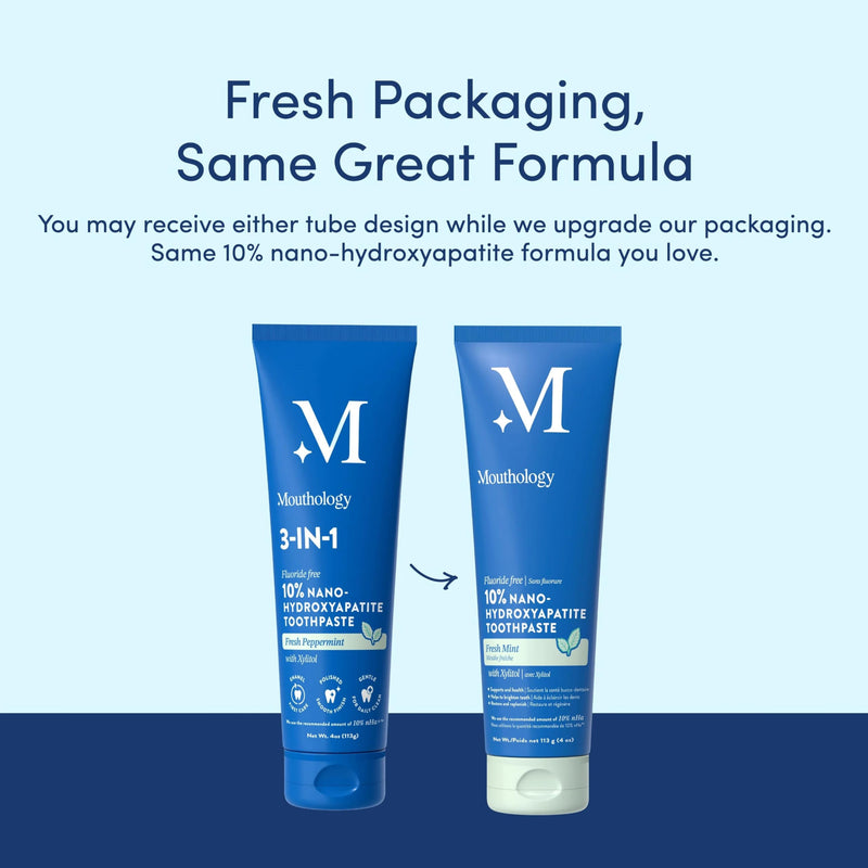 Mouthology 10% Nano Hydroxyapatite Toothpaste (3pk, Fluoride Free), Whitening*, Supports Enamel Care*, Appropriate for Sensitive Teeth*, SLS Free, Xylitol nHA Toothpaste Adults, Mint 4oz (USA Made) Fresh Mint 4 Ounce (Pack of 3)