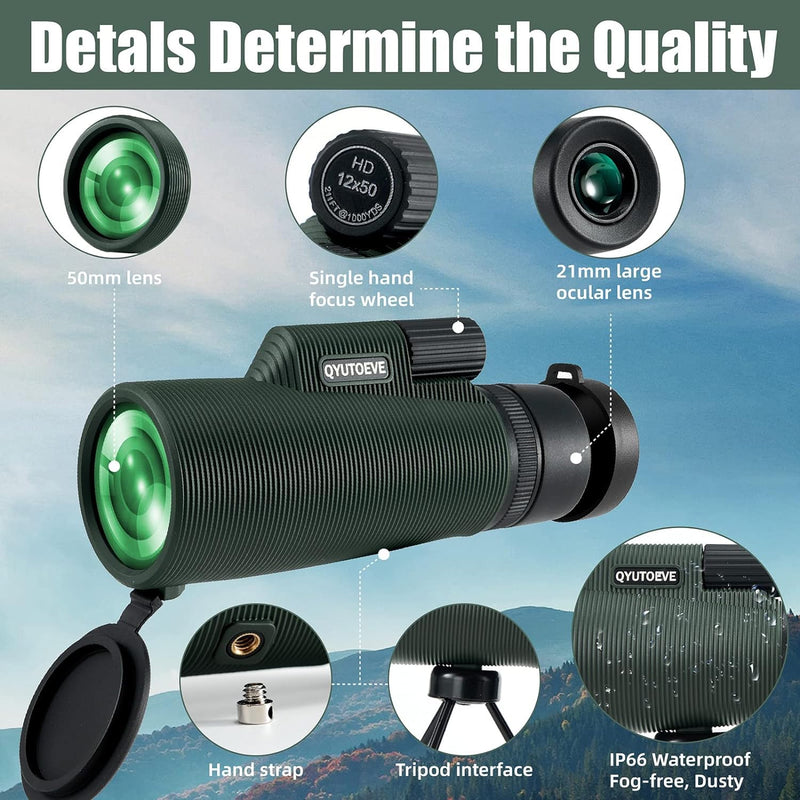 12x50 HD Monoculars for Adults, Monocular Adult High Powered, Waterproof Monocular Telescope, Green Film Roof Prism Design with Smartphone Holder Optic Instrument