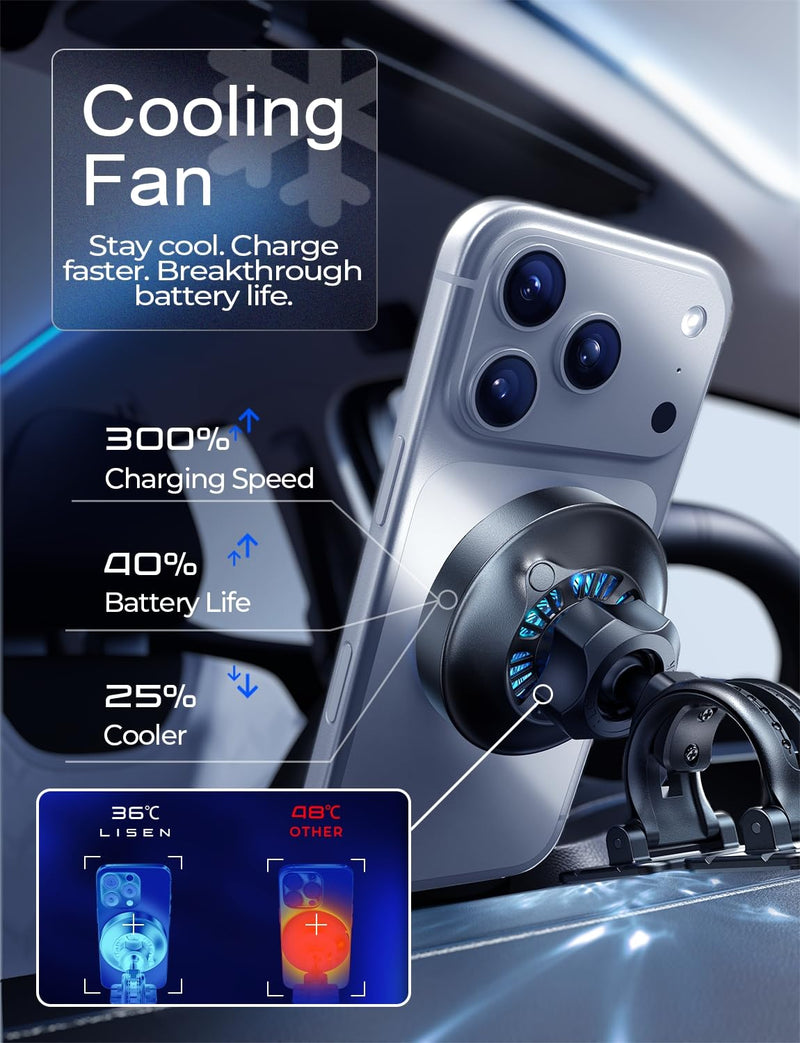 LISEN for Qi2.2 25W MagSafe Car Mount Charge,Cooling Fan,95W Fast Adapter | 3 IN 1 Fast Charging Magnetic Phone Holder for Car, Magnetic Phone Charger for Car for iPhone 17 Pro Max Air 16 15 14 13 12 Black