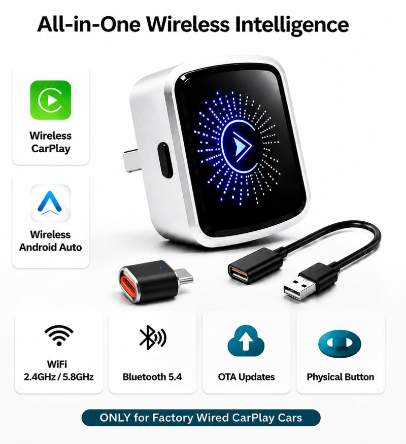 2-in-1 Wireless CarPlay Android Auto Adapter for Factory Wired Carplay Cars | One-Tap Phone Switch, Plug & Play USB-C/A Dongle, 5GHz WiFi BT5.4, Fast Auto Reconnect, Extension Cable, Not for BMW Tesla Black