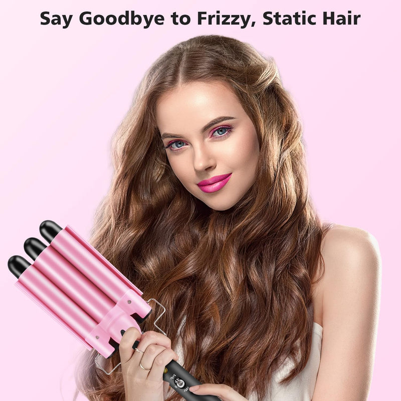  [AUSTRALIA] - 3 Barrels Hair Waver, 25mm Curling Iron, Beach Mermaid Waves Hair Crimper | Curling Tongs, Hair Curler with 2 Temperature Control Quick Heating, Waver Curling Wand for Long or Short Styling Pink