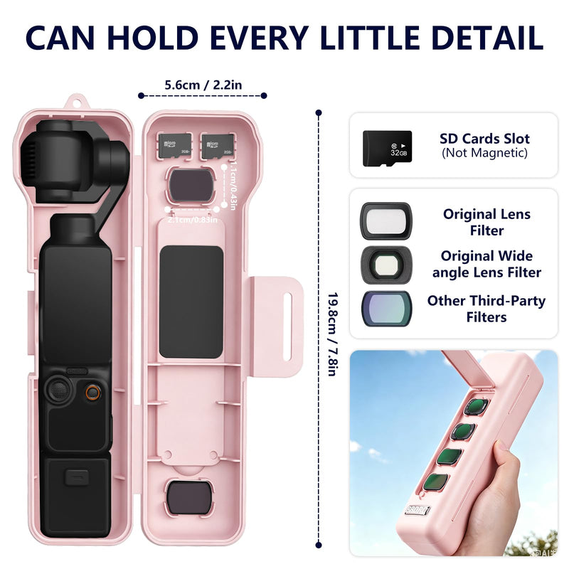 Hard Travel Carrying Case Compatible with DJI Pocket4/3, 4 Cpl/Nd Filter Storage Slots and 2 Storage Card Slots, Screen Gimbal Protection with Wrist Strap Pink