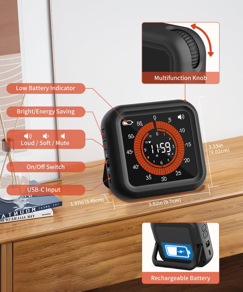 Digital Visual Timer - Large Display Magnetic Countdown Timer with Adjustable Volume and Brightness, 11H59M Memory Function for Kitchen, Classroom, Study Time Management, Seniors & Teachers Black