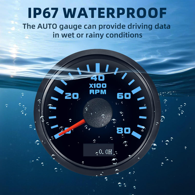 MH Tachometer 2-1/6" 52mm 8000 Tach Boat RPM Gauge 7 Color Waterproof for AUTO Car Truck Marine（Black）