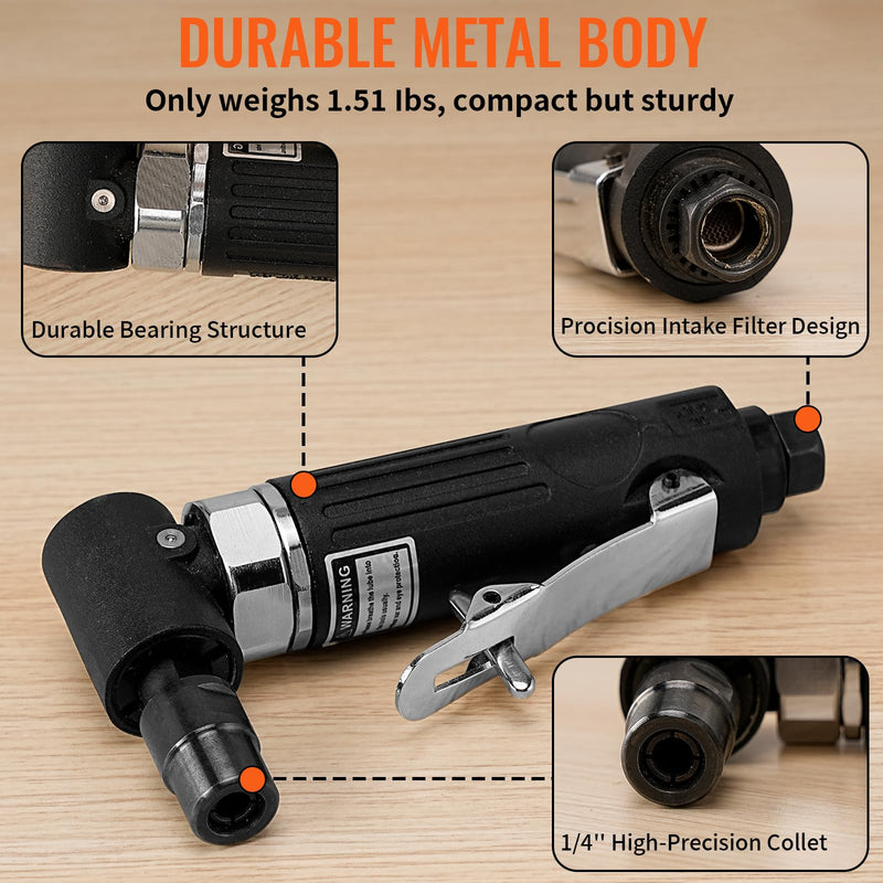 BAIWEN 1/4" Right Angle Air Die Grinder - 90 Degree Heavy Duty 20,000 RPM Compressed Sander Polisher Tool for Contour Grinding, Polishing, Milling, Cutting Black Die Grinder Set