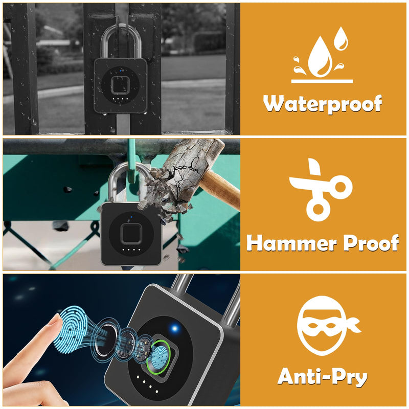 Pothunder Fingerprint Lock With APP, Steel Cable Keyless Biometric Padlock, Smart Waterproof for Gym, Locker, Helmet, Gate, Fence, Luggage Black with Cable