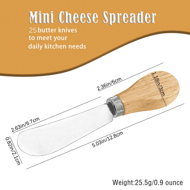 25 Piece Small Cheese Spreader Set, Stainless Steel Butter Spreader, Mini Butter Knife Spreader with Wooden Handle for Grill Plates, Sandwiches, Cocktail Spreaders, 4.7 inch Cheese Spreader 25 Packs