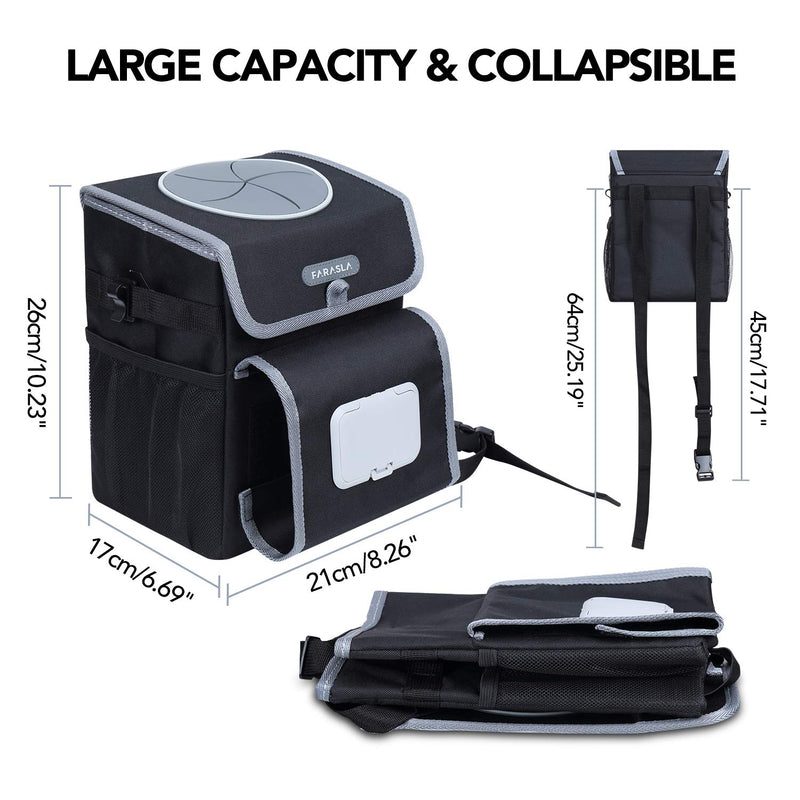 Farasla All-in-One Car Trash Can, Garbage Bag for Car with Removable Leakproof Interior Liner, Adjustable Tissue Holder & Straps(Black) Black-deluxe