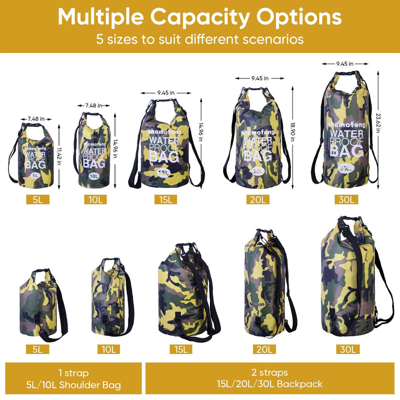 Waterproof Dry Bag 5L/10L/15L/20L/30L Roll Top Dry Storage Backpack with Phone Case, Collapsible Water Bottle, Sunglasses, Ear Band for Kayaking Boating Swimming Fishing Camping, Yellow 30L