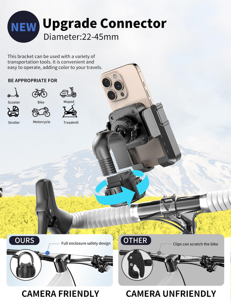 Motorcycle Phone Mount, [No Block Camera] Bike Phone Holder Mount, [Silicone Wrapped] Handlebar Cell Phone Mount for Bike/Scooter/ATV, Fits iPhone 16/15/14/13 Pro Max & 4.7"-7" Phones, Black