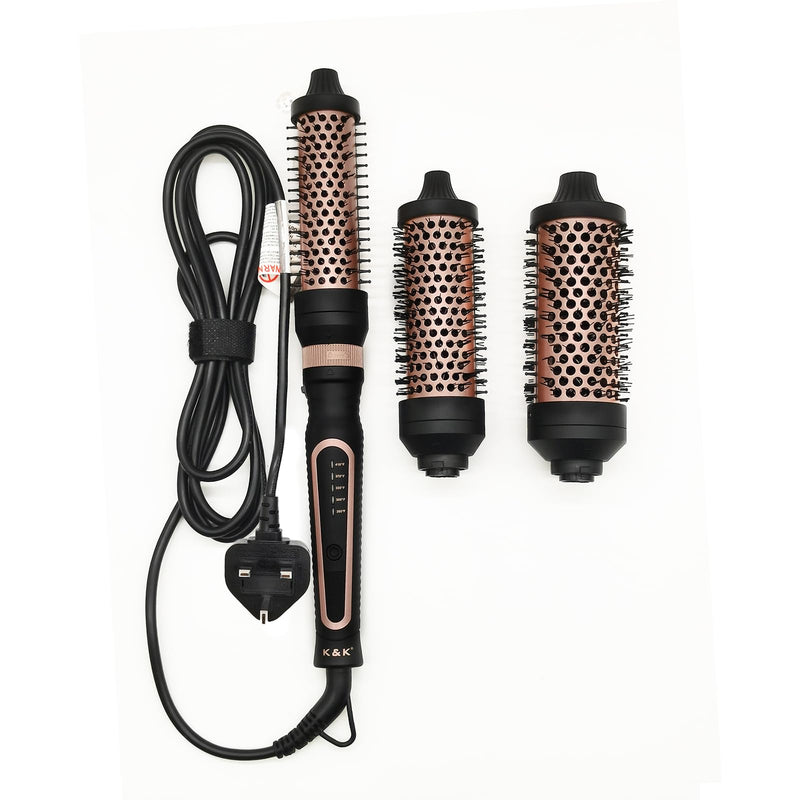 K&K 3 in 1 Ionic Heated Round Brush Curler, Ceramic Thermal Hair Brush Set | VERSATILE 3-IN-1 SET: Features 3 interchangeable barrels to create versatile curls, beachy waves, and instant root volume Black
