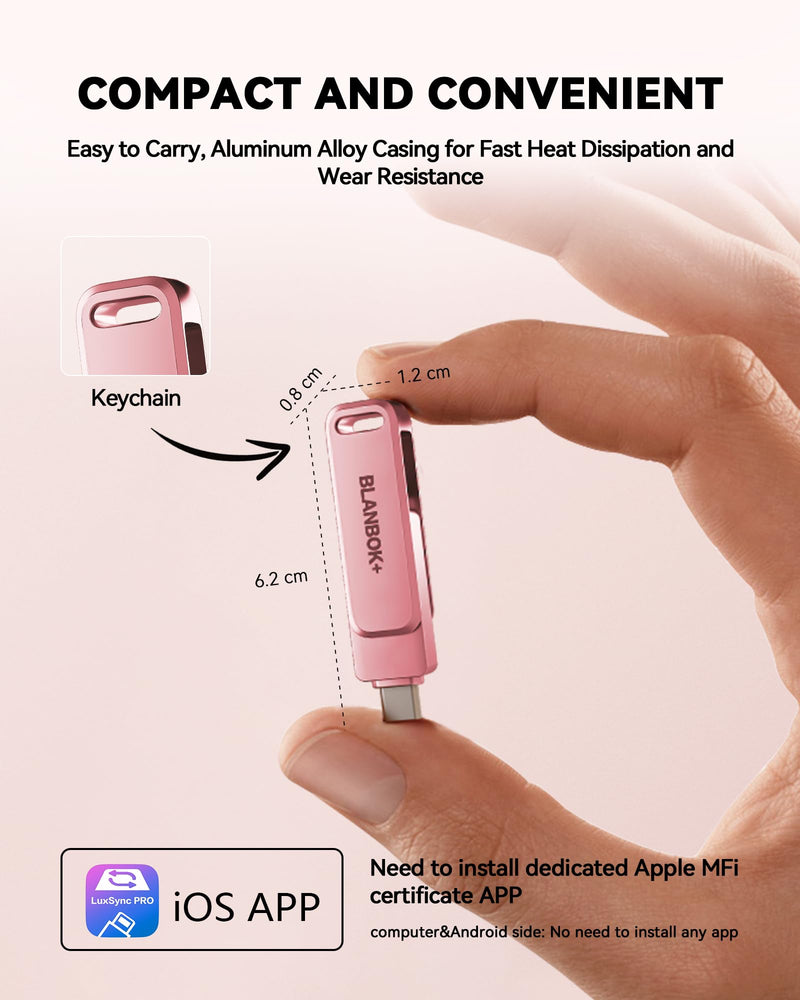 MFi Certified 256GB iPhone Photo Stick, High-Speed USB Flash Drive Memory Storage for Video Backup, Compatible for iPhone/iPad/Android/PC (Pink) Pink 256 GB