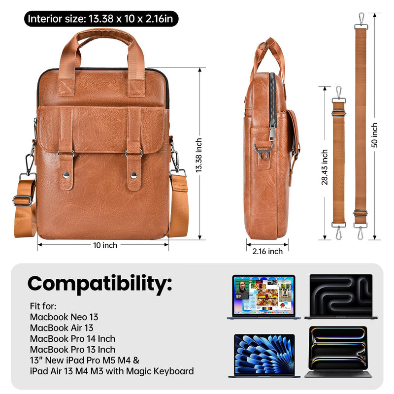 13 Inch Laptop Sleeve Leather Case Bag for 2026 MacBook Neo 13 A18 A3404, MacBook Air 13" M5 M4 M3 M2 A3449 A3420 A3113, iPad Air/Pro 13 M5 M4 M3 M2, Vertical Laptop Shoulder Computer Bag, Brown