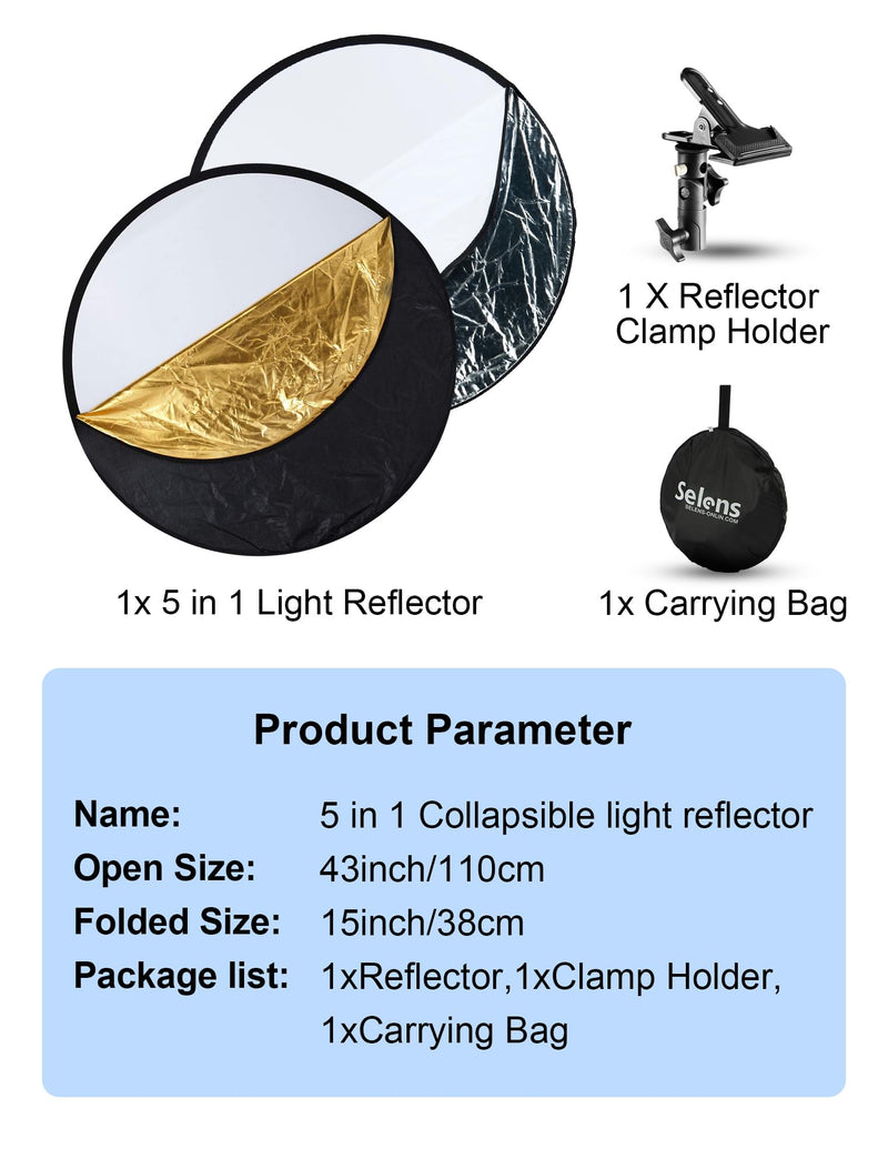 Selens Portable 43inch/110cm Light Reflector with Clamp,5 in 1 Collapsible Multi Disc Photography Reflector Translucent,Silver,Gold,White,Black for Studio Photography Lighting and Outdoor Lighting 5 in 1 43inch with clamp