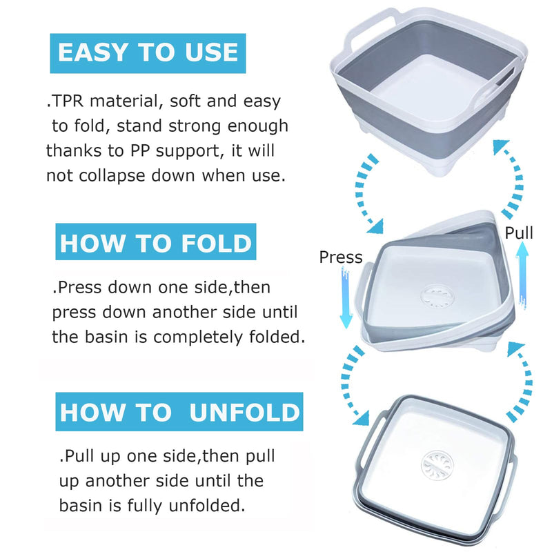 Collapsible Wash Basin 9L, Foldable Dish Tub with Drain Plug, Portable Collapsible Dish Basin, Camping Sink for Washing Dishes, Laundry & Kitchen Use,Gray Gray