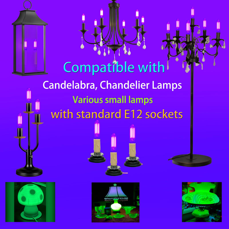 TITO 6 Pack E12 T6 395nm Dimmable Mini Black Light Bulb Halloween & Display | 4.5W Candelabra Bulb 60W Equivalent for Small Fixtures｜360° Full Beam｜Glow Party Fluorescent Paint Decor Uranium Glass Curios