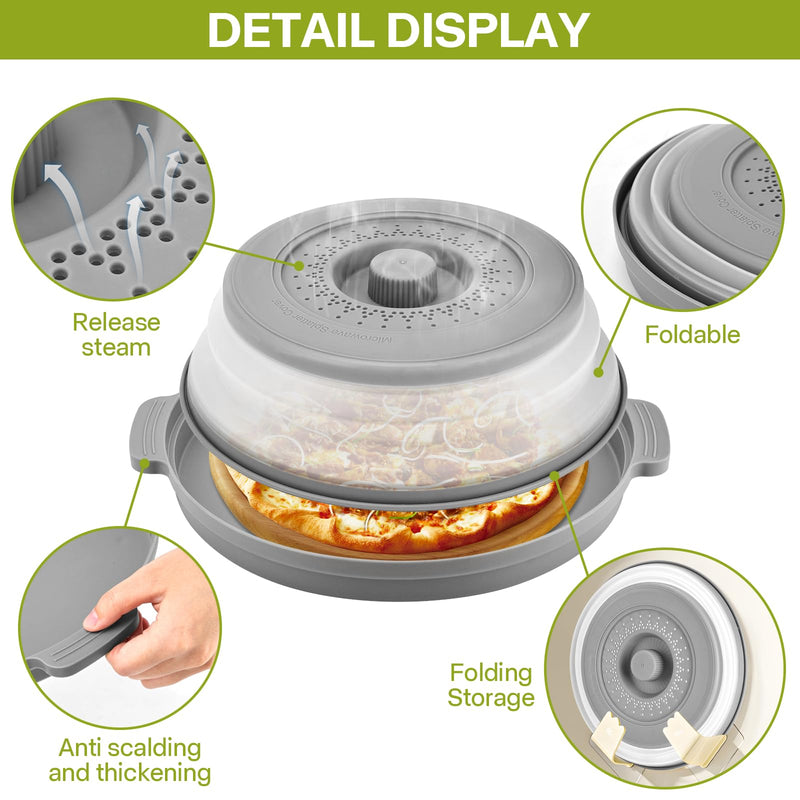 2 Pack Microwave Splatter Cover for Food with Anti-scald Base Plate,Large Plastic & Silicone Vented Avoid Scalding Collapsible Guard Lid,Kitchen Essential Gadgets for Meal Prep-10.7 Inch 2 Pcs Gray