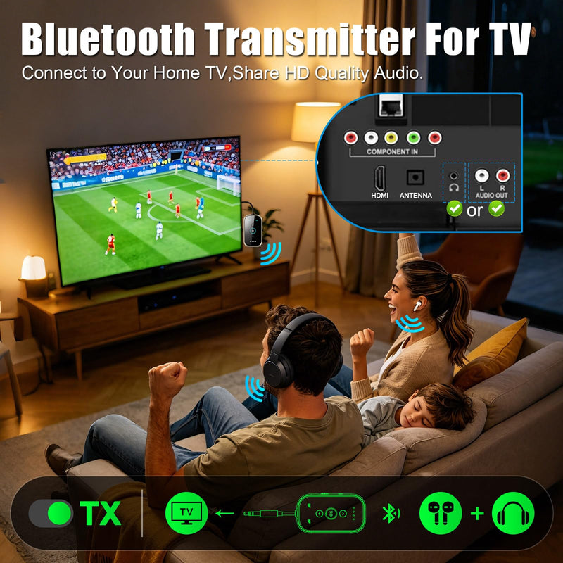 Bluetooth 5.4 Transmitter Receiver – Airplane/TV/Gym Wireless Audio Adapter | CNC metal & glass with Qualcomm aptX LL/HD, pairs with 2 AirPods/headphones for low-latency shared audio Silver Black
