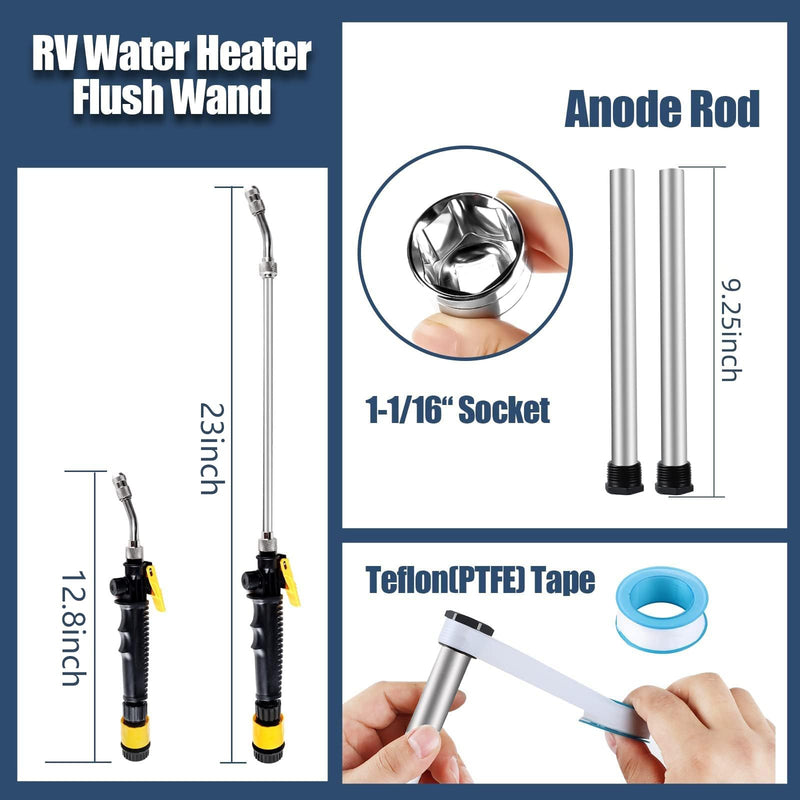 5 Pack RV Water Heater Anode Rod & RV Water Heater Flush Wand with Hex Wrench Socket Removal Tool, 9.25"L x 3/4" NPT Aluminum RV Hot Water Heater Anode Rod for Suburban, Mor-Flo, Extends RV Tank Life