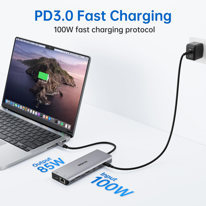 USB C Laptop Docking Station Dual Monitor Dual HDMI 4K DP Triple Display Hub, 13 in 1 MOKiN USB C Hub with 3 Monitors, DisplayPort, USB 3.1, RJ45, 100W PD, Card Reader, Audio/Mic, for Dell HP Lenovo Gray