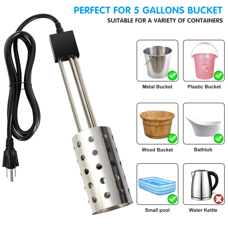 1500W Bucket Heater, Rust Proof Built in Temperature Controller Immersion Water Heater, Heats 5 Gallons of Water in Minutes with Auto Shutoff, for Home Outdoor Camping and Winter Job