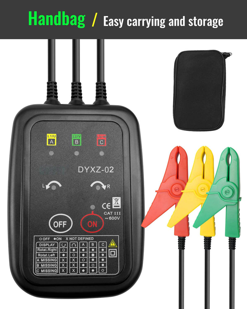 3 Phase Rotation Tester Non Contact Rotation Meter AC 70~600V High Magnetic Induction Phase Sequence Detector with 22 Inch Clamp Lead, LED, Carrying Bag Auto Power Off Phase Meter DYXZ-02