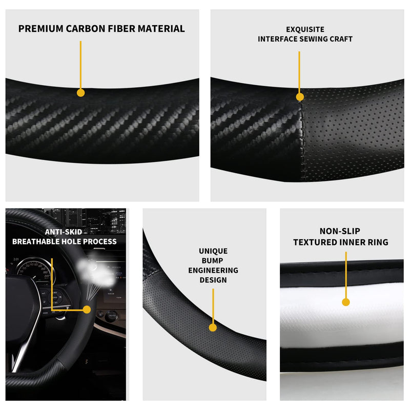 d Shape Steering Wheel Cover,Premium Leather Car Steering Wheel Protector Sport Carbon Fiber Design,Non-Slip & Breathable,Universal Fit 15 Inch Car/Auto/SUV Flat Bottom Steering Wheels (Matt Black) Matt Black