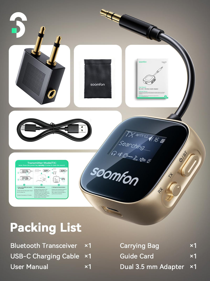 SOOMFON aptX-LL Bluetooth 5.3 Transmitter Receiver for TV to 2 Headphones | Airplane Bluetooth Adapter Low Latency with LCD Display 3.5mm for Plane Flying Gym Car Home Stereo System 23H Long Playtime
