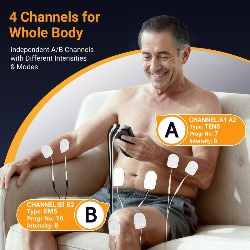 Comfytemp 4 Outputs TENS Unit for Sciatica Cover Multiple Parts, FSA HSA Eligible Rechargeable EMS&Massage TENS Unit Muscle Stimulator for Pain Relief with 24 Modes and DIY for Back, Shoulder, Neck
