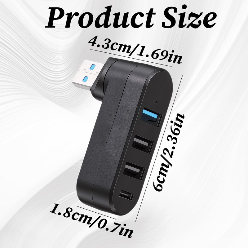 4 Ports USB Hub for Car [90°/180° Rotatable], USB3.0 Hub with 1 USB 3.0 Port, 2 USB2.0 Ports, and 1 USBC Data Port, USBPort Hubs for Laptop, Car, Keyboard, Printer and More